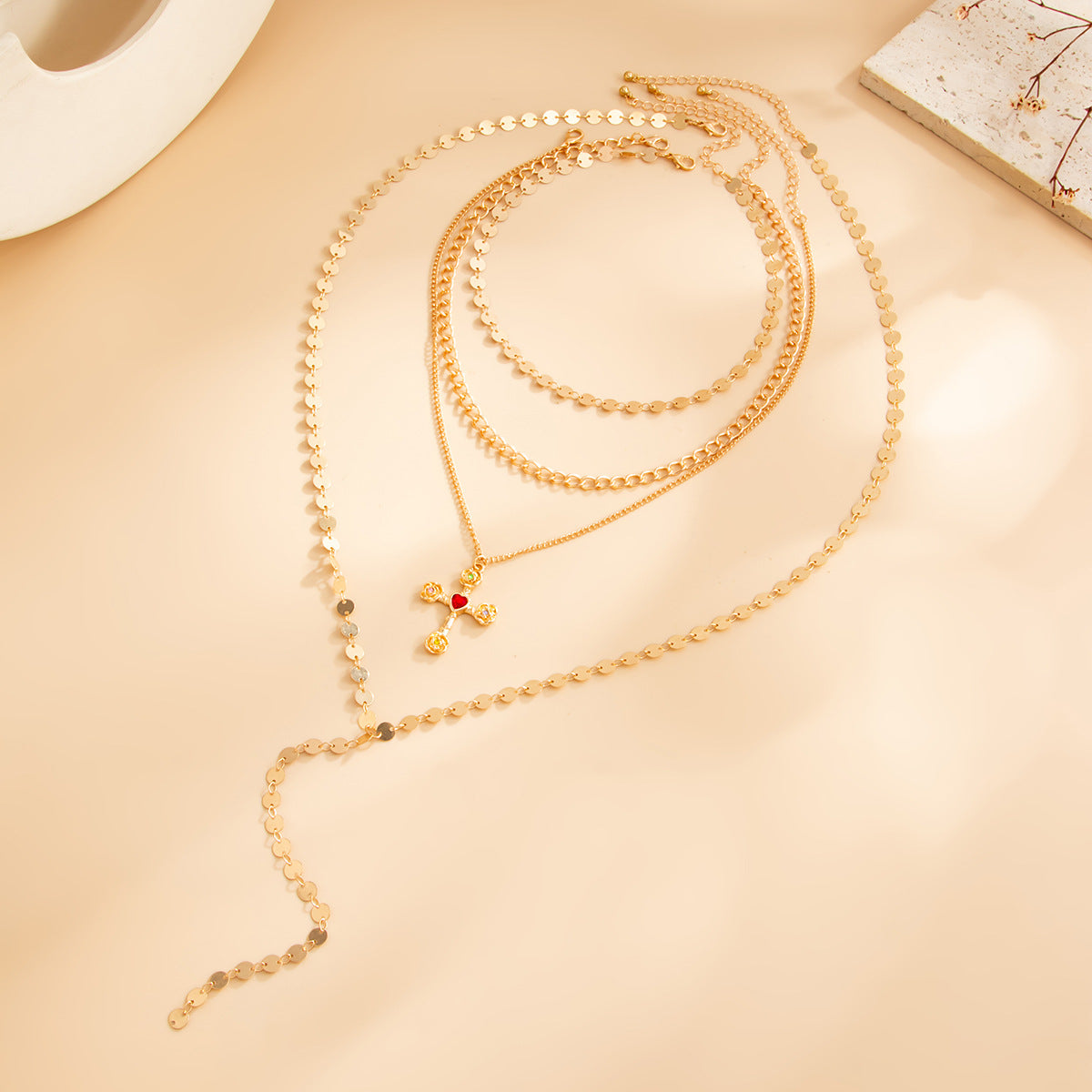 Elegant Rhinestone Inlaid Cross Pendant Necklace Brass Zinc Alloy Plated Layered Chain Jewelry for Women
