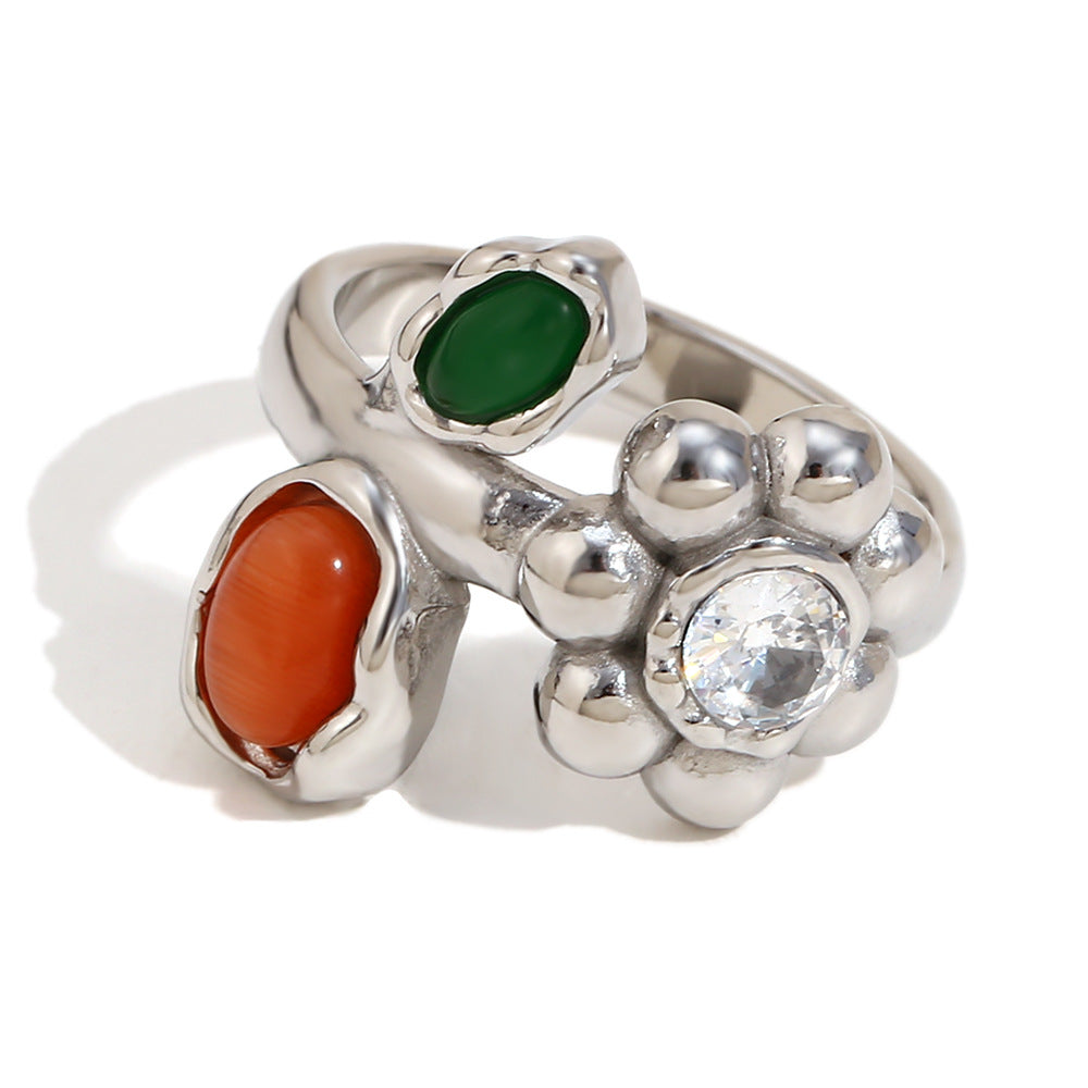 Vintage-Inspired Floral Geometric Stainless Steel Ring with 18K Gold Plating for Women