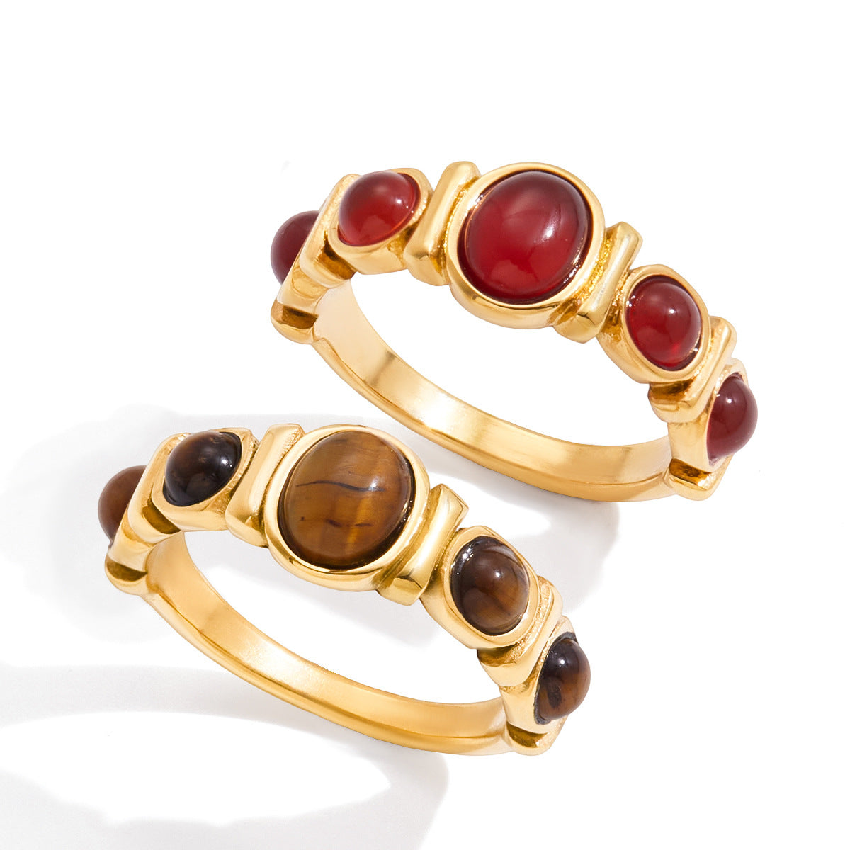 Anillo de acero de titanio ojo de tigre geométrico para mujer con banda de acero inoxidable chapada