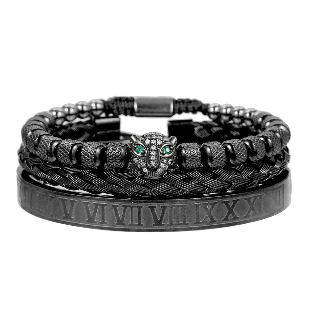 Vintage Geometric Leopard Head Micro-inlaid Cubic Zirconia Woven Stainless Steel Bracelet Set
