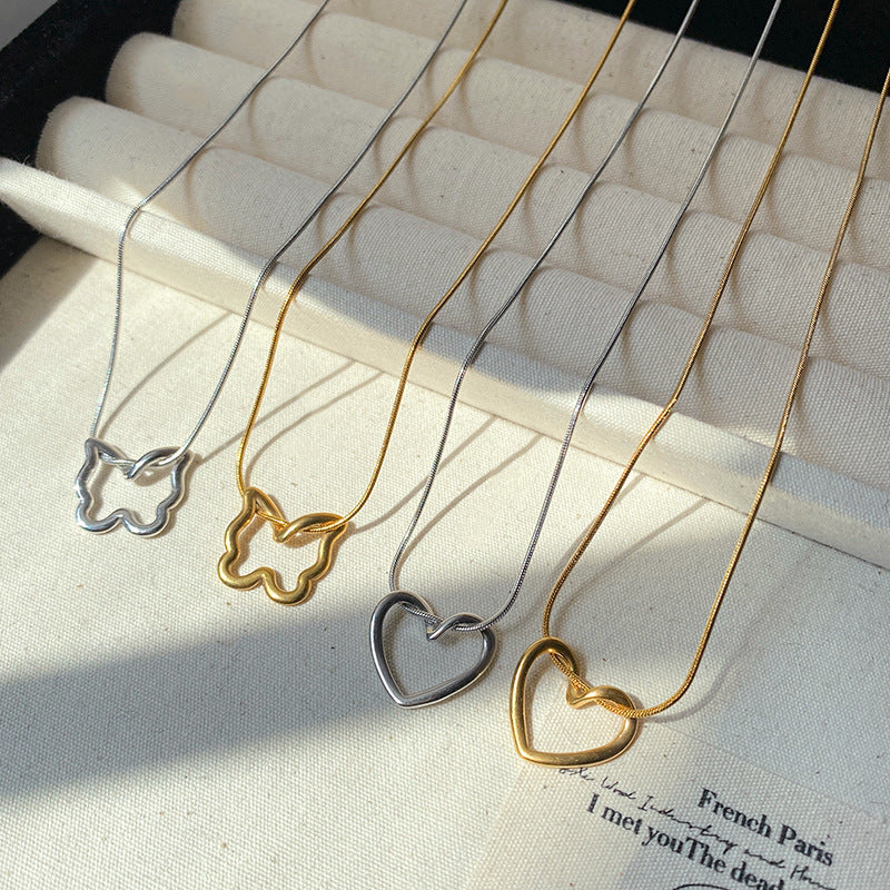 Sweet Streetwear Hollow Butterfly Heart Titanium Steel Plated Snake Chain Necklace