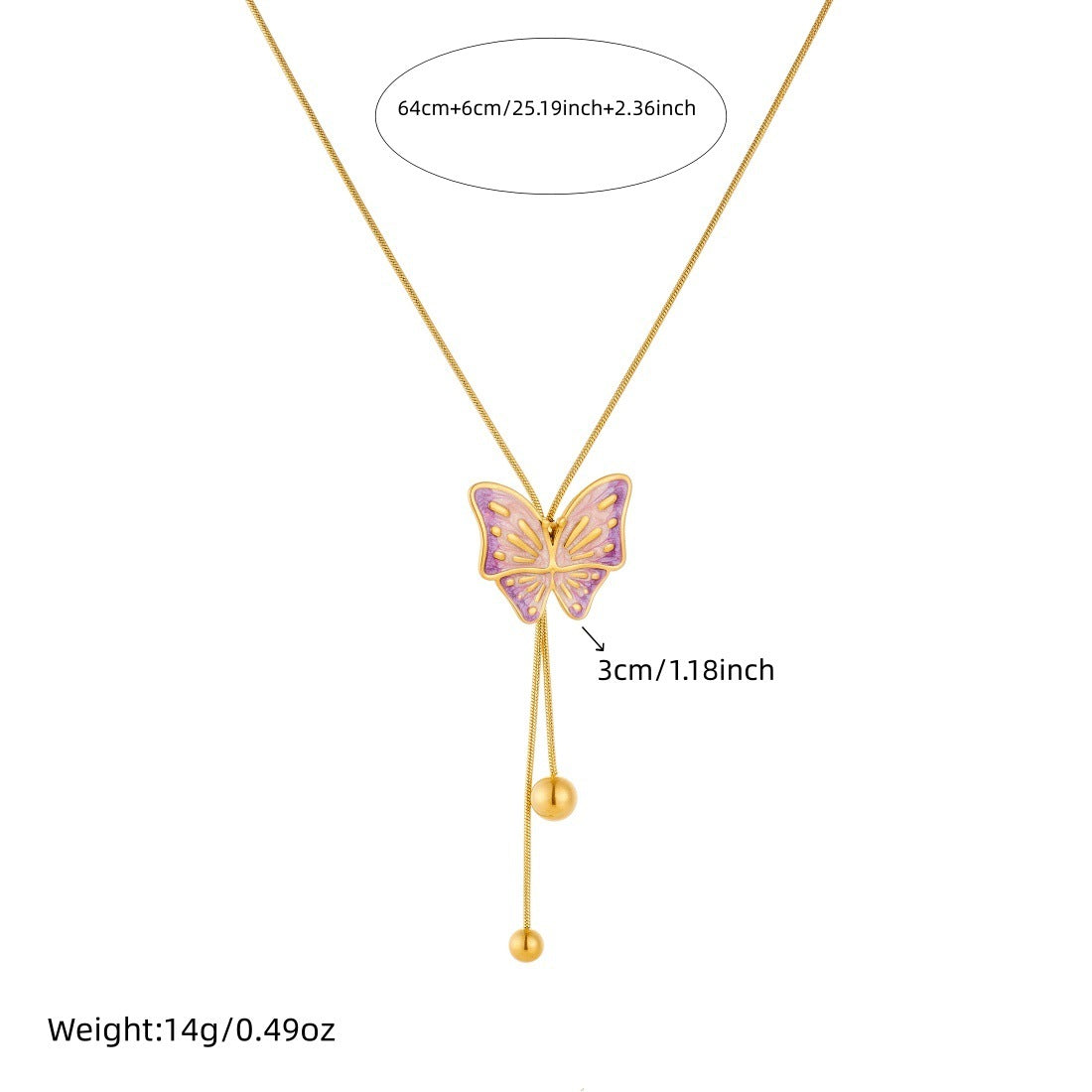 Minimalist Pink Purple Gradient Butterfly Drip Oil Plated Stainless Steel Necklace with Tassel and Gold Beads