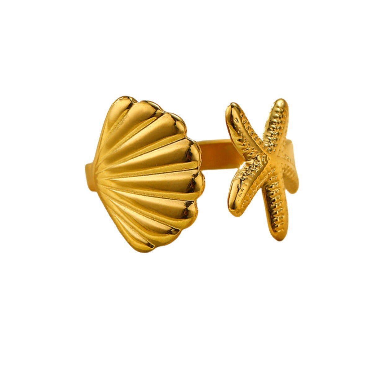 Anello regolabile da donna in acciaio inossidabile placcato, a forma di conchiglia e stella marina, stile vacanza