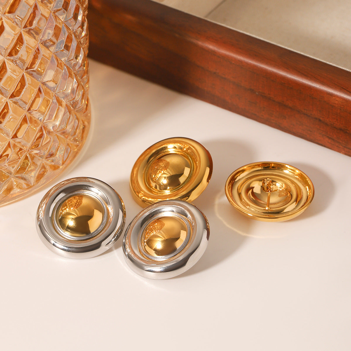 Minimalist 18K Gold Plated Stainless Steel Geometric Round Stud Earrings for Women