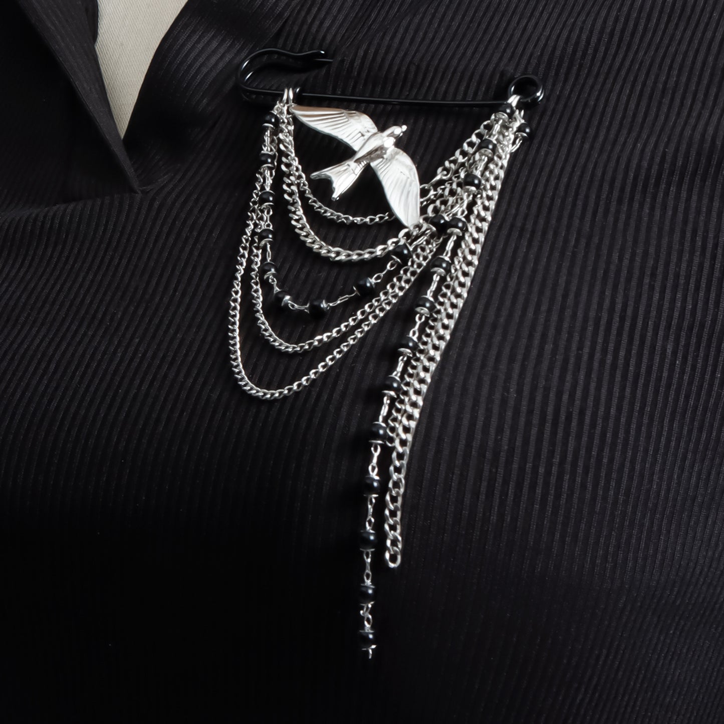 Fashion Geometric Alloy Plated Brooch with Black Beaded Tassel and Multi-layer Chain for Women