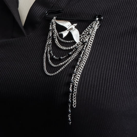 Fashion Geometric Alloy Plated Brooch with Black Beaded Tassel and Multi-layer Chain for Women