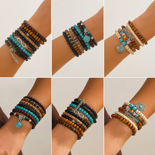 Bohemian Vintage Ethnic Geometric Alloy Plated Turquoise Bracelet Set for Women