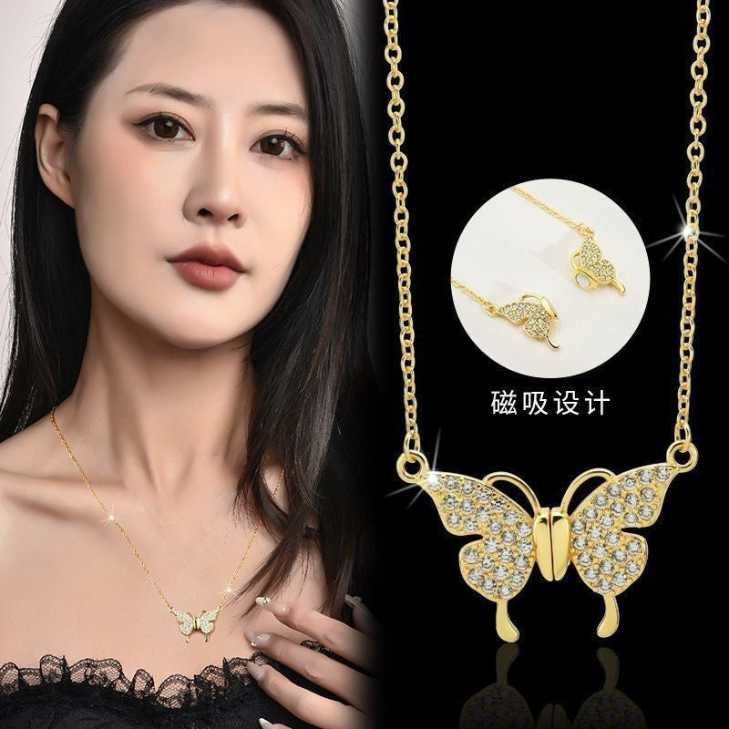 Minimalist Butterfly Pendant Necklace for Women and Men Titanium Steel Magnetic Clasp with Zircon Inlay Geometric Design Locket Chain