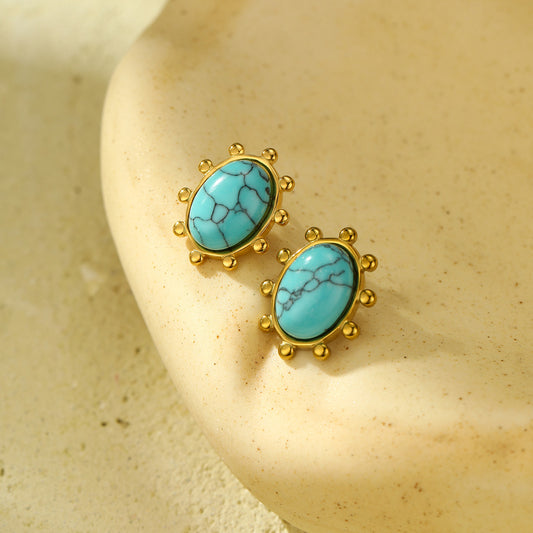 Vintage French Style Oval Turquoise Inlaid Titanium Steel Stud Earrings with Electroplated Finish for Women