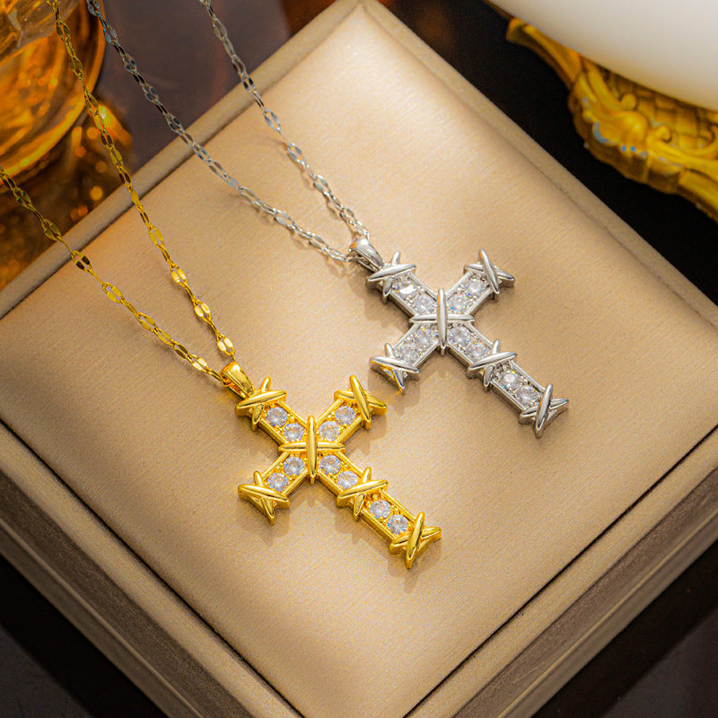 Minimalist Cross Pendant Necklace for Women in Titanium Steel with Vacuum Plating and Water Wave Chain
