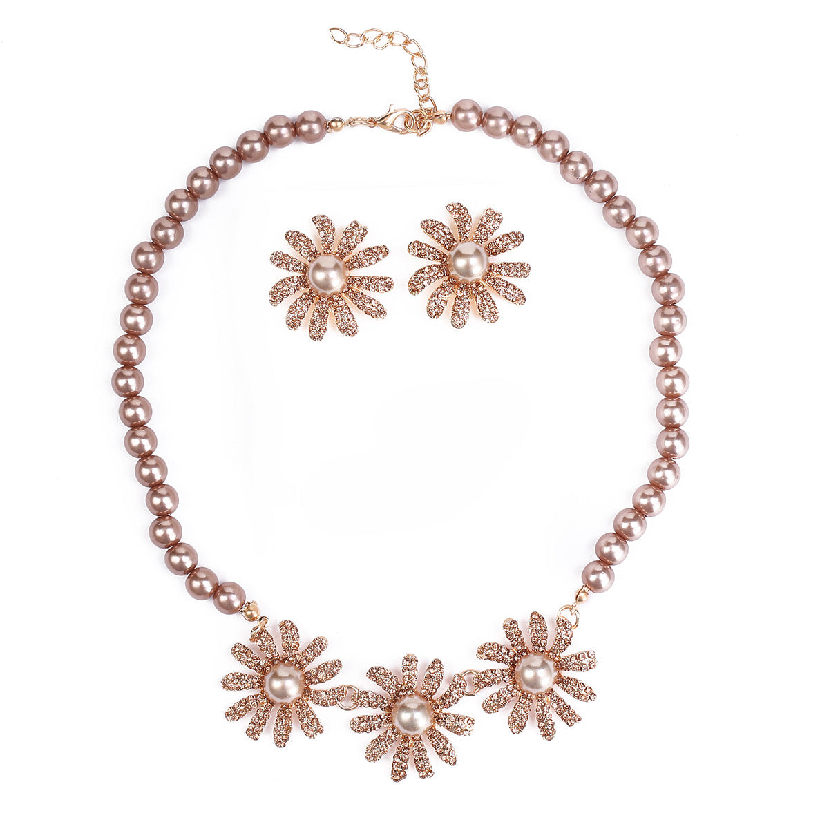 Vintage Floral Pearl Necklace and Earrings Set with Alloy Pendant and Plated Finish for Women