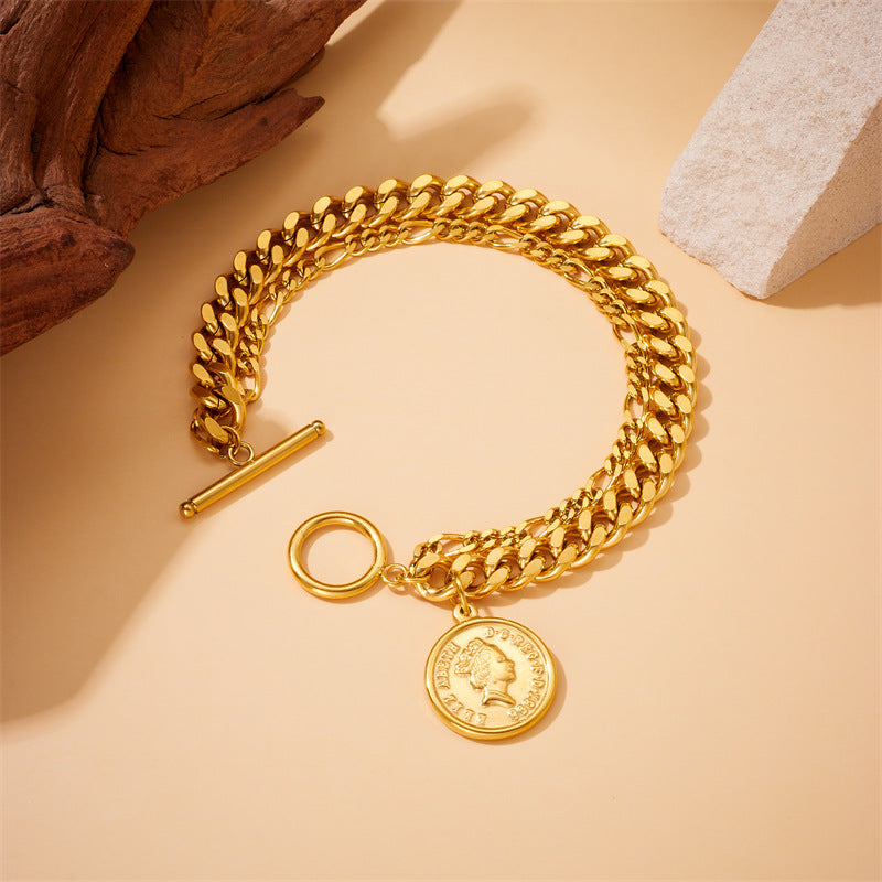 Pulsera con colgante redondo de retrato bañada en oro de acero inoxidable estilo vintage con cierre OT