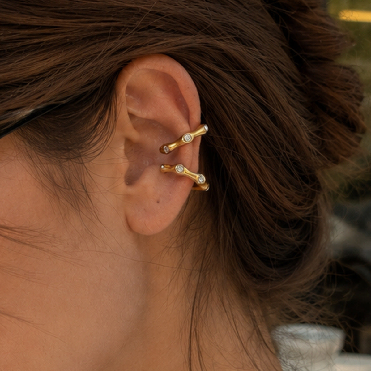 18K Gold Plated PVD Stainless Steel C-Shape Rhinestone Bamboo Segment Clip-on Earrings for Women