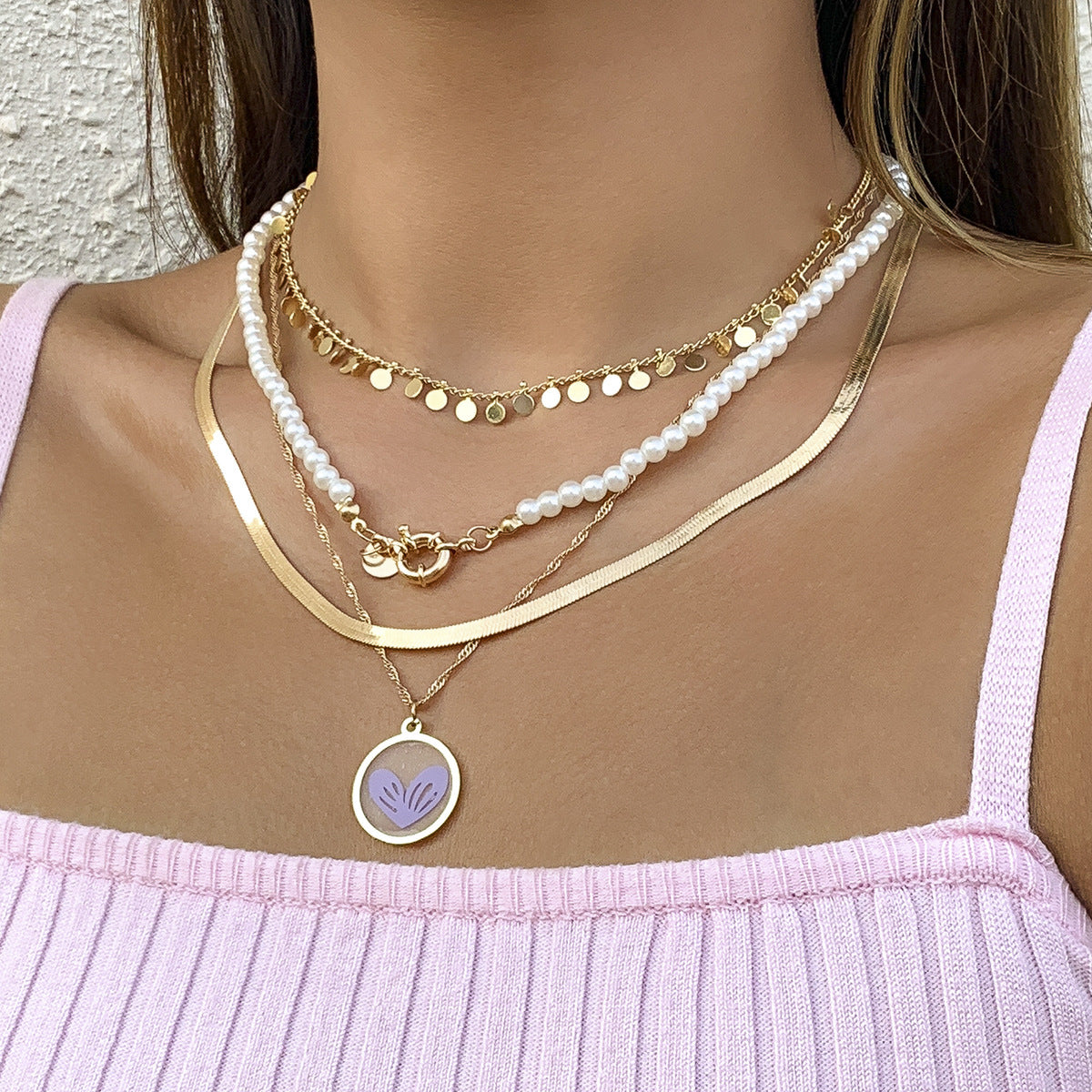 Sweet Plated Alloy Heart Star Round Faux Pearl Pendant Snake Chain Necklace for Women