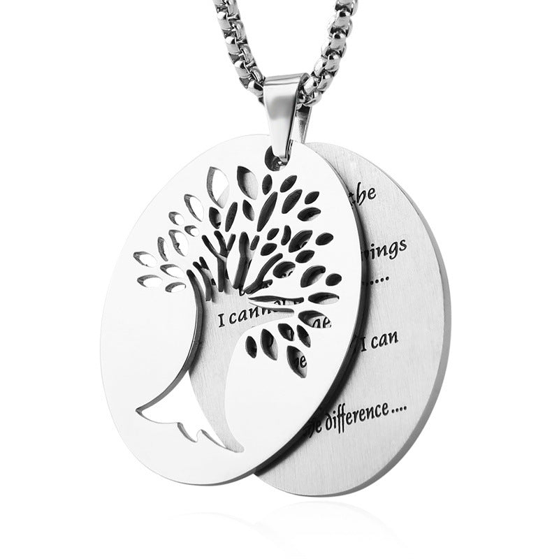 Natural Style Oval Double-Layer Stainless Steel Necklace with Polished Titanium Steel Prayer Pendant
