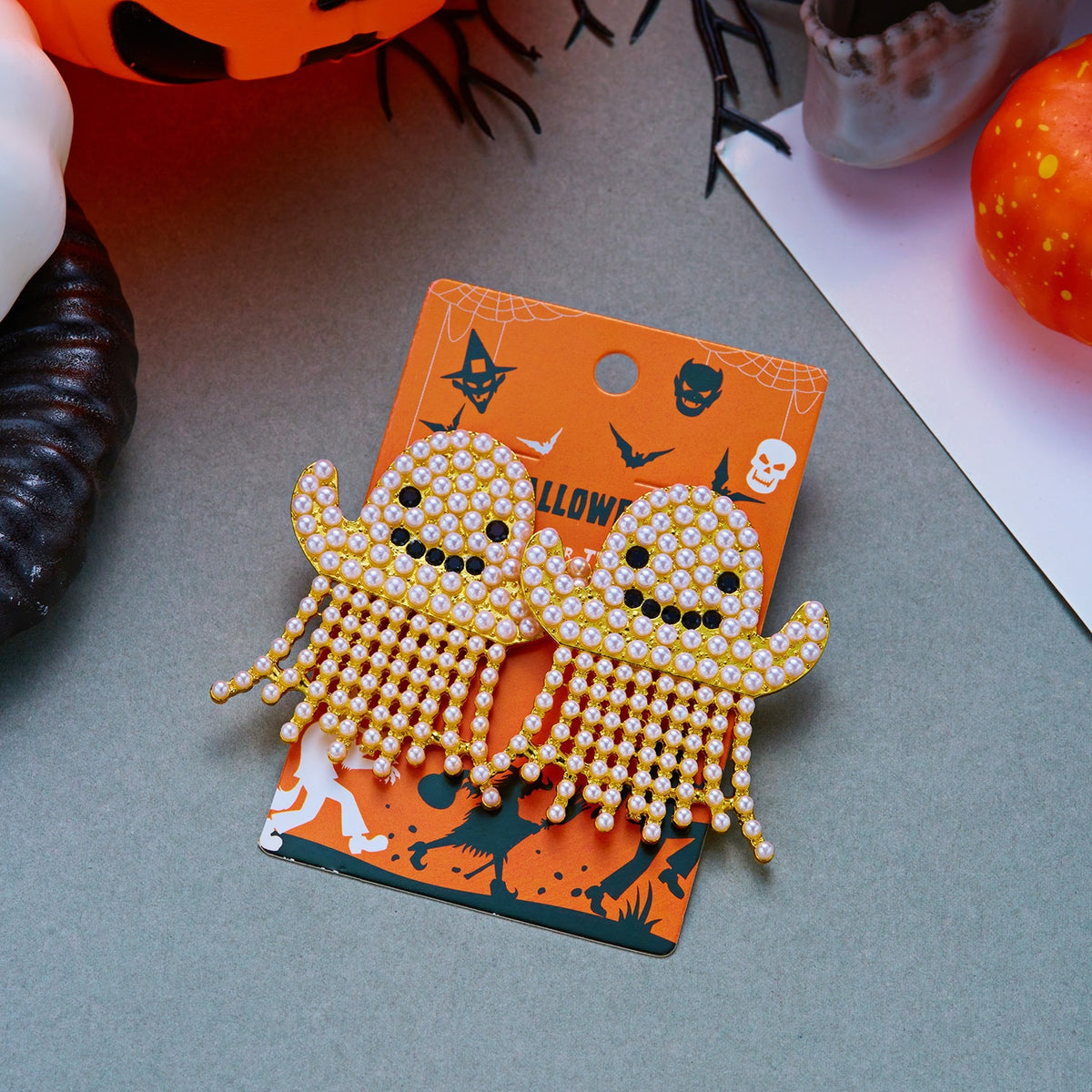 Gothic Cartoon Ghost Alloy Earrings with Inlaid Pearl for Women
