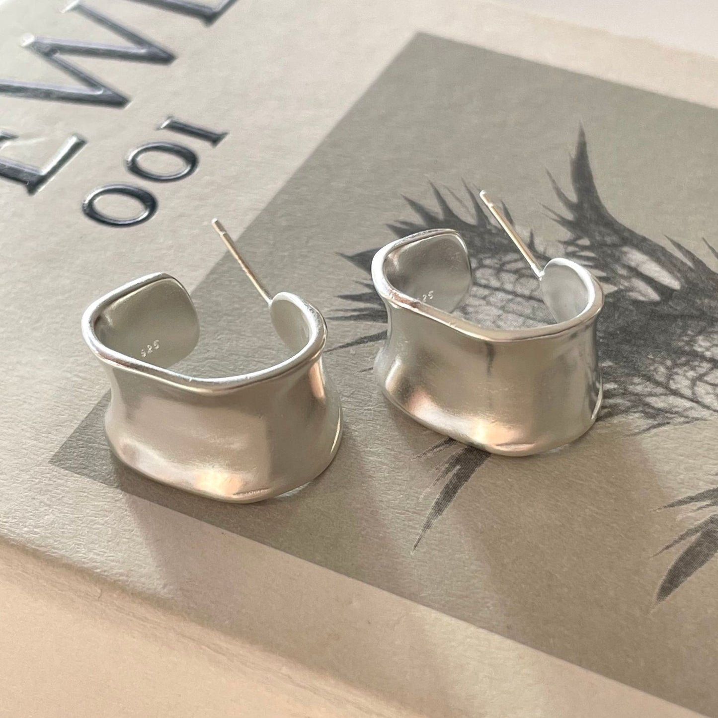 Minimalist Matte Silver Hoop Earrings with Micro-Pave Setting in 925 Sterling Silver