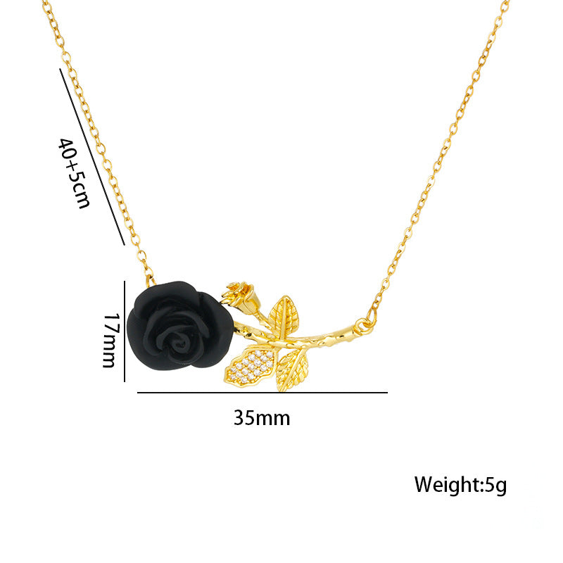 Romantic French-Style Red Rose Flower Pendant Necklace for Women in Titanium Steel with Rhinestone Inlay on O-Chain