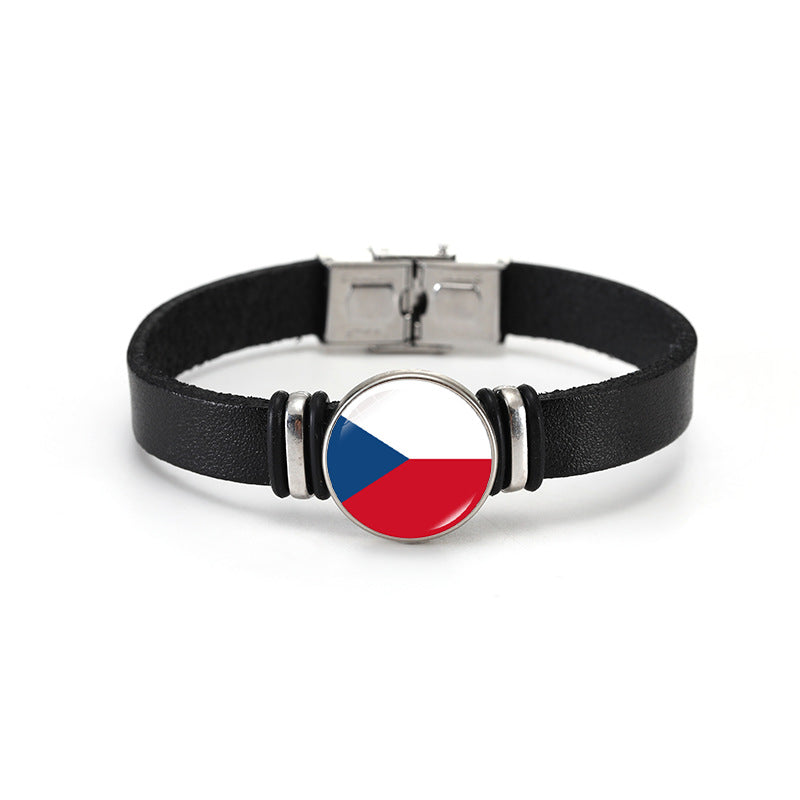 Geometric Plated Leather Bracelet Unisex World Cup Flag Design Casual Wristband