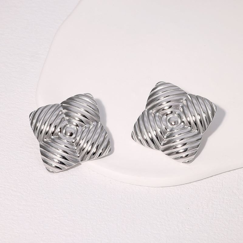 Vintage Geometric Square Textured 18K Gold Plated Stainless Steel Stud Earrings for Women