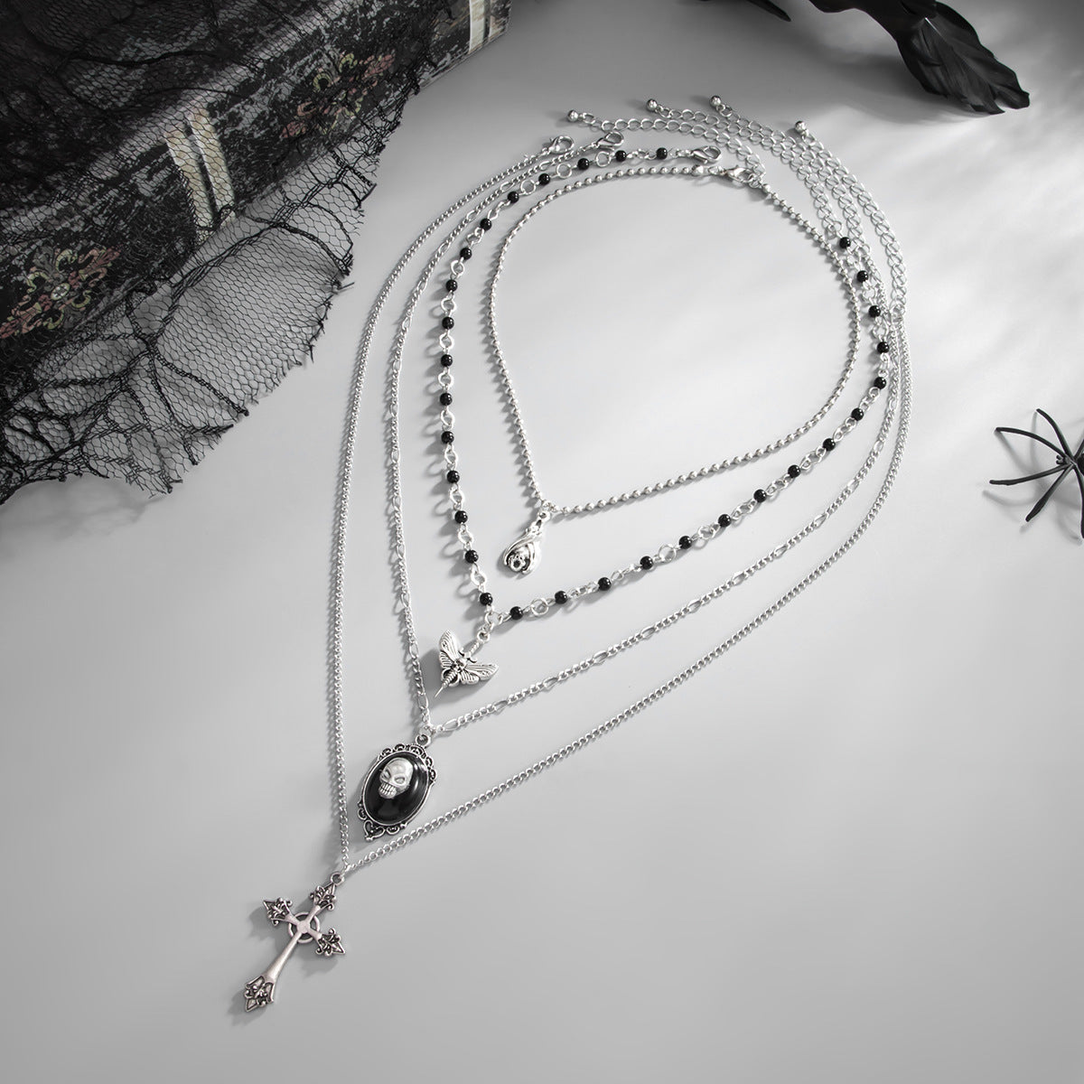 Punk Vintage Cross Skull Zinc Alloy Plated Pendant Necklace with Ball Chain for Women