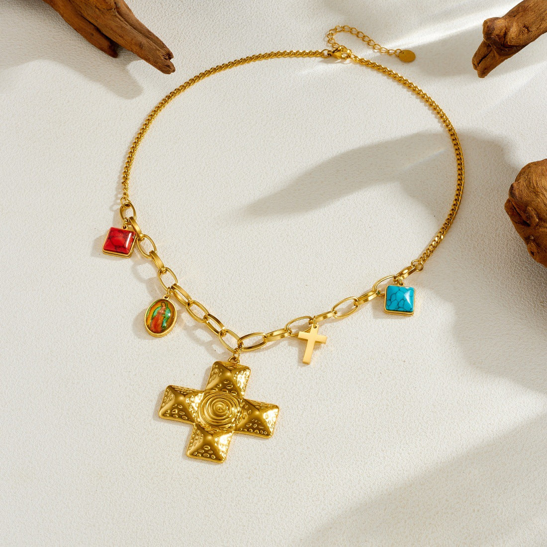 Hip-hop Gold Plated Stainless Steel Cross Geometric Pendant Necklace with Turquoise and Irregular Chain