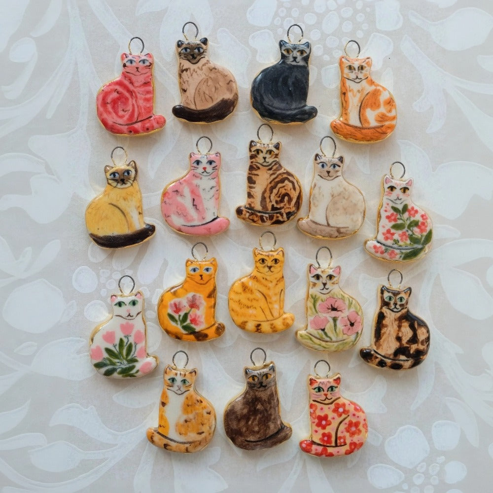 Cute Cat Cartoon Ceramic Drip Oil Plated Stainless Steel Charm Bar Pendant