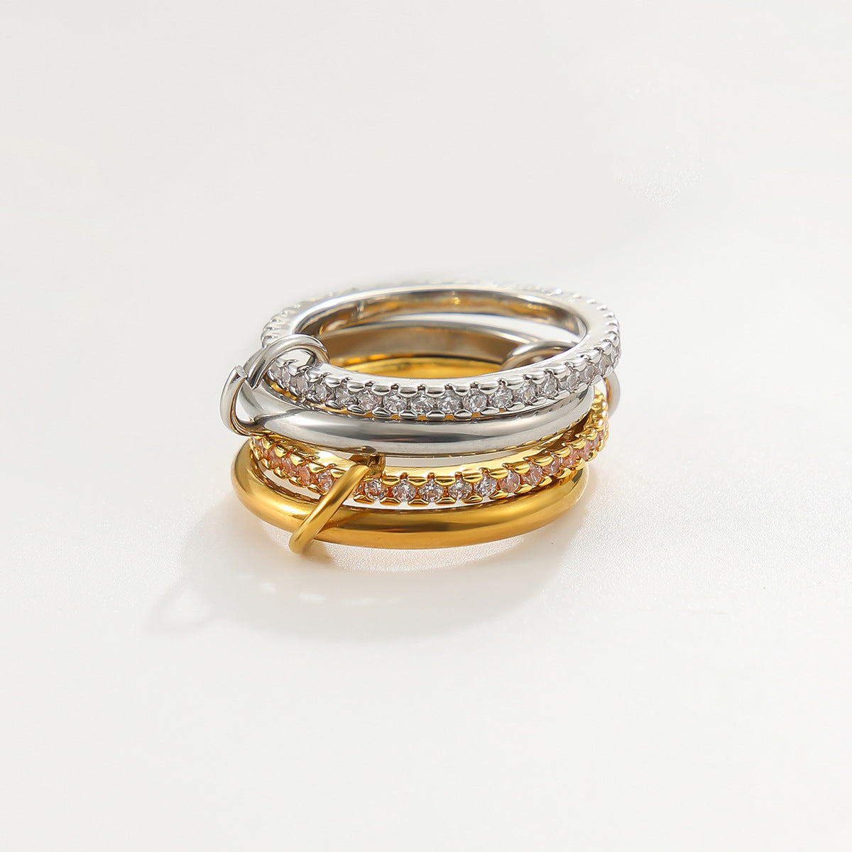 18K Gold Plated Stainless Steel Geometric Ring with Cubic Zirconia Inlay for Women