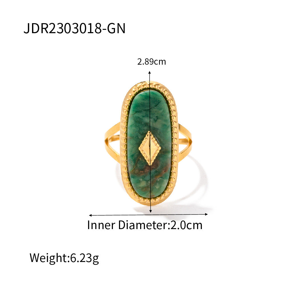 Vintage 18K Gold Plated Stainless Steel Geometric Open Ring with Natural African Jade Stone for Women