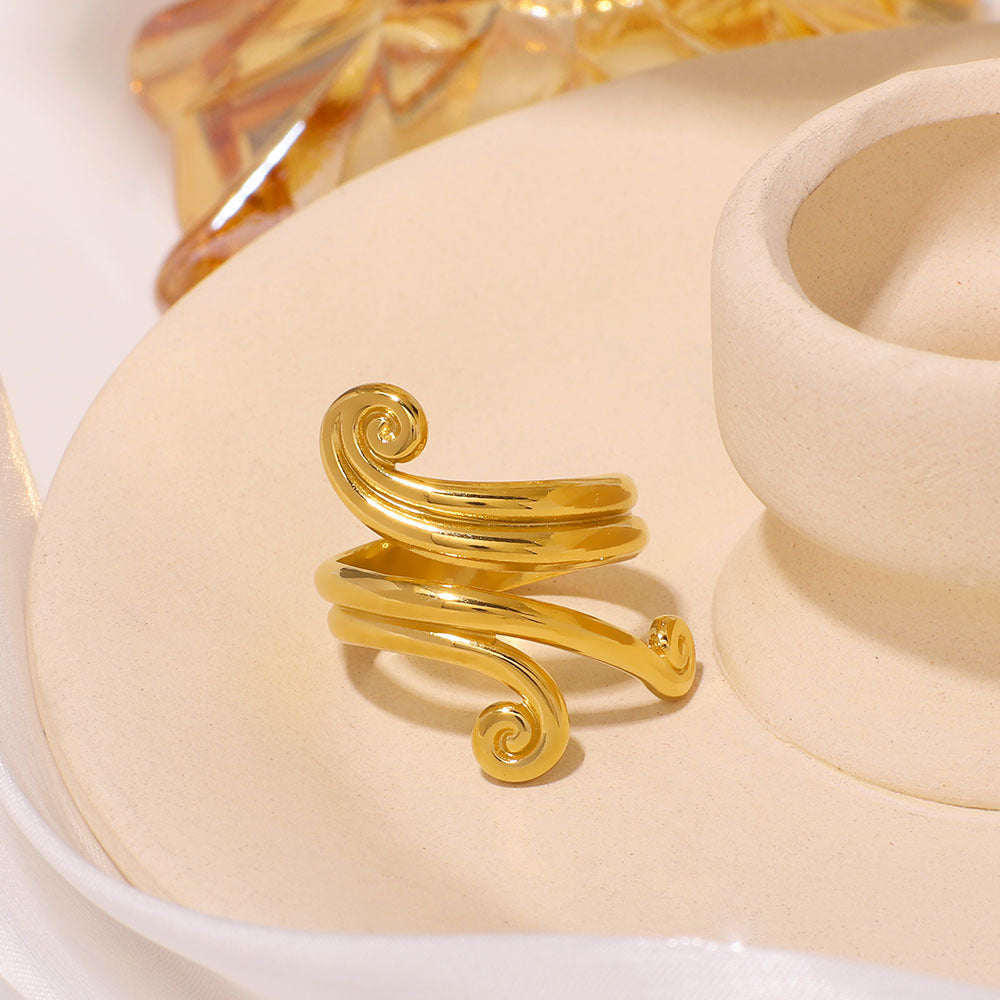 Geometric Asymmetrical Open-End Stainless Steel Ring with Curved Line Design and Plated Finish