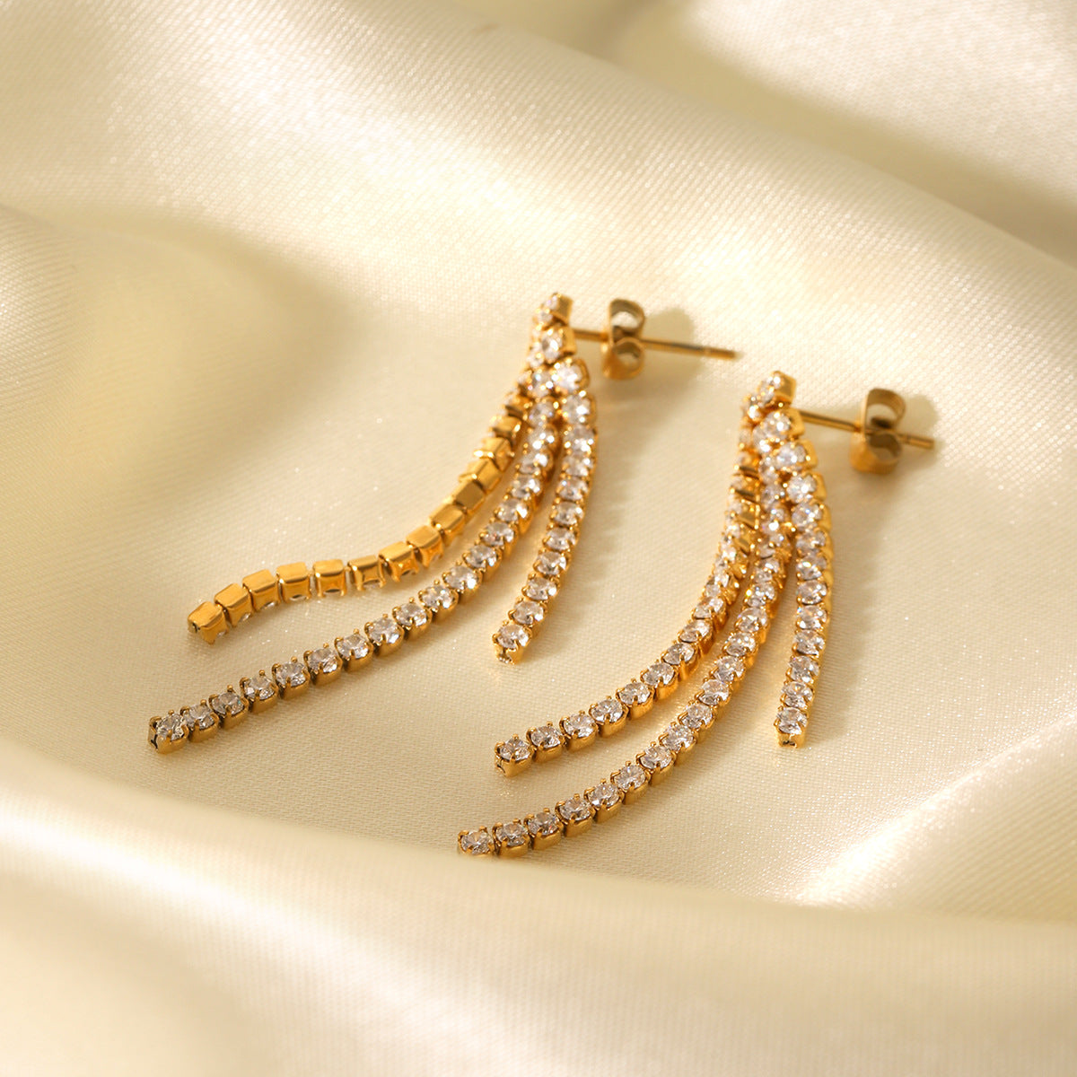 Minimalist Geometric Stainless Steel Stud Earrings with Cubic Zirconia Accents and Fringe Detail for Women