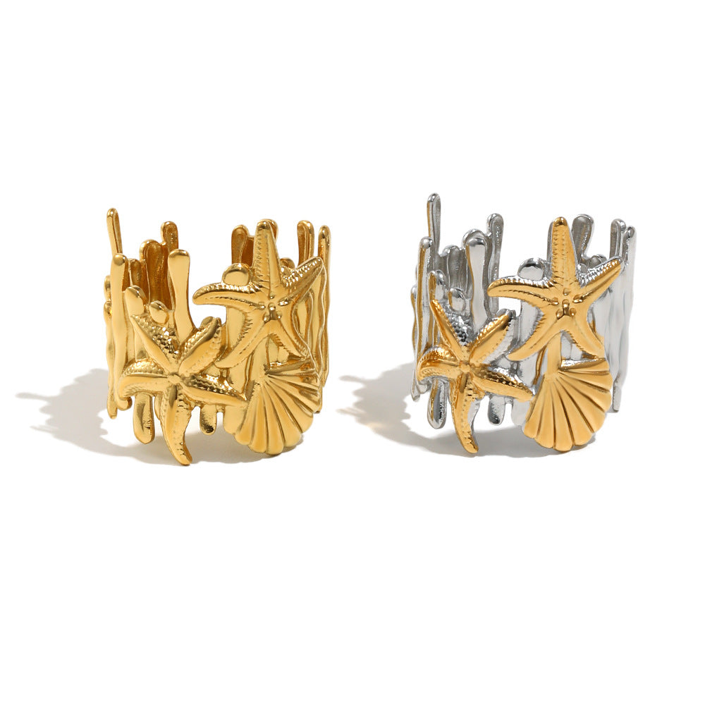Anello aperto minimalista con stella marina e conchiglia in acciaio inossidabile placcato oro 18 carati da donna
