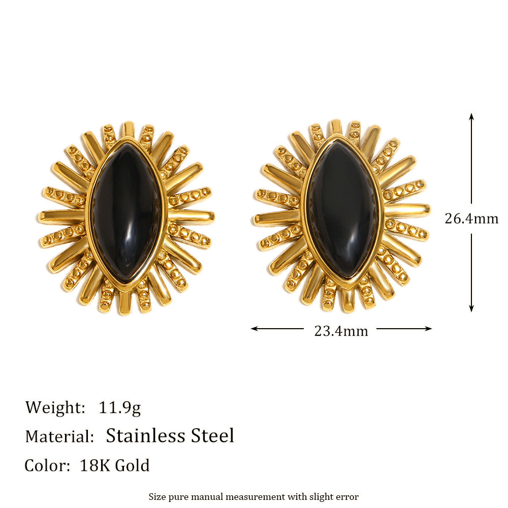 Fashionable Geometric Pearl and Black Onyx Eye Stud Earrings in Stainless Steel with 18K Gold Plating