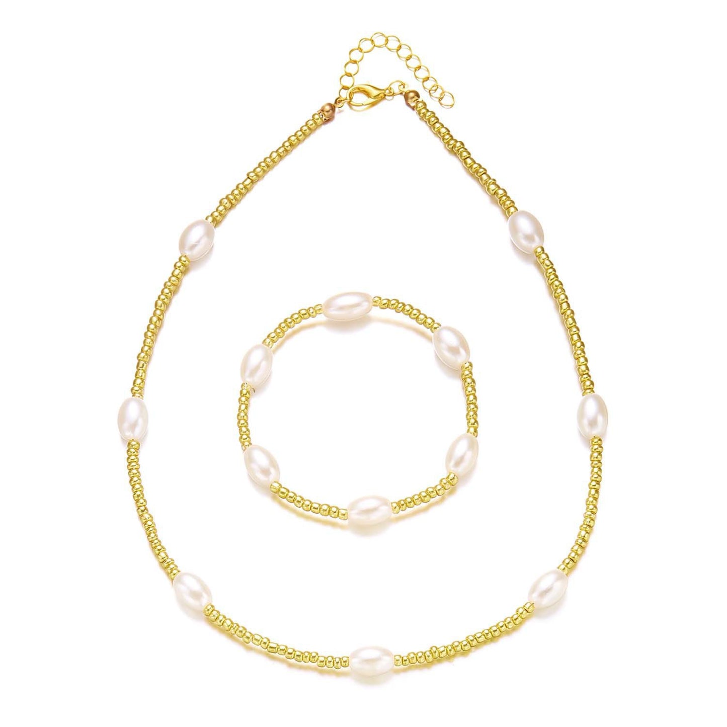 Elegant Oval Alloy Plated Pearl Beaded Necklace Bracelet Set for Women