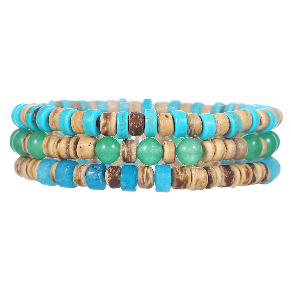 Vintage Round Wood and Turquoise Beaded Bracelet Set for Unisex