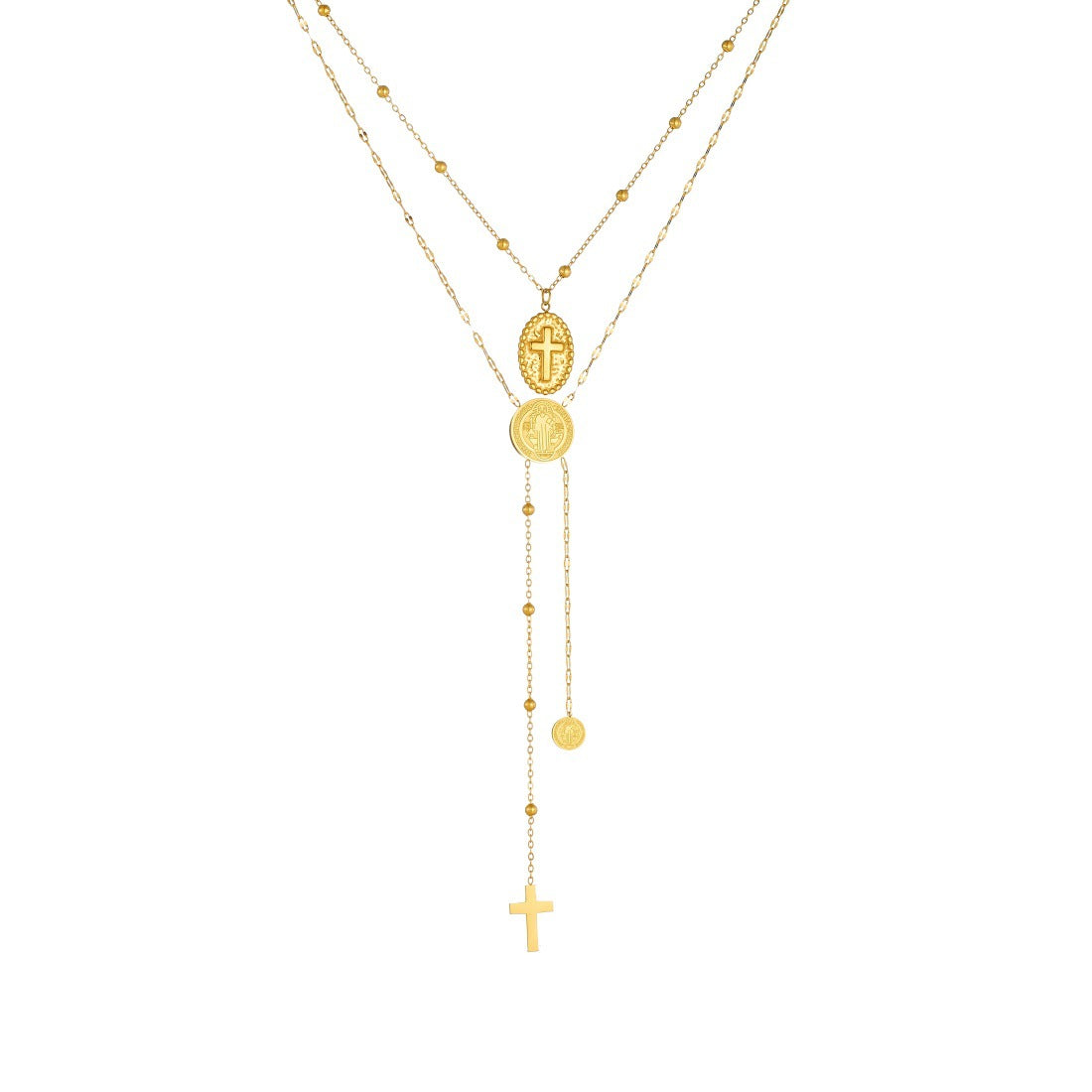 Vintage Gold Plated Stainless Steel Multi-Layer Cross and Round Relief Portrait Necklace for Women