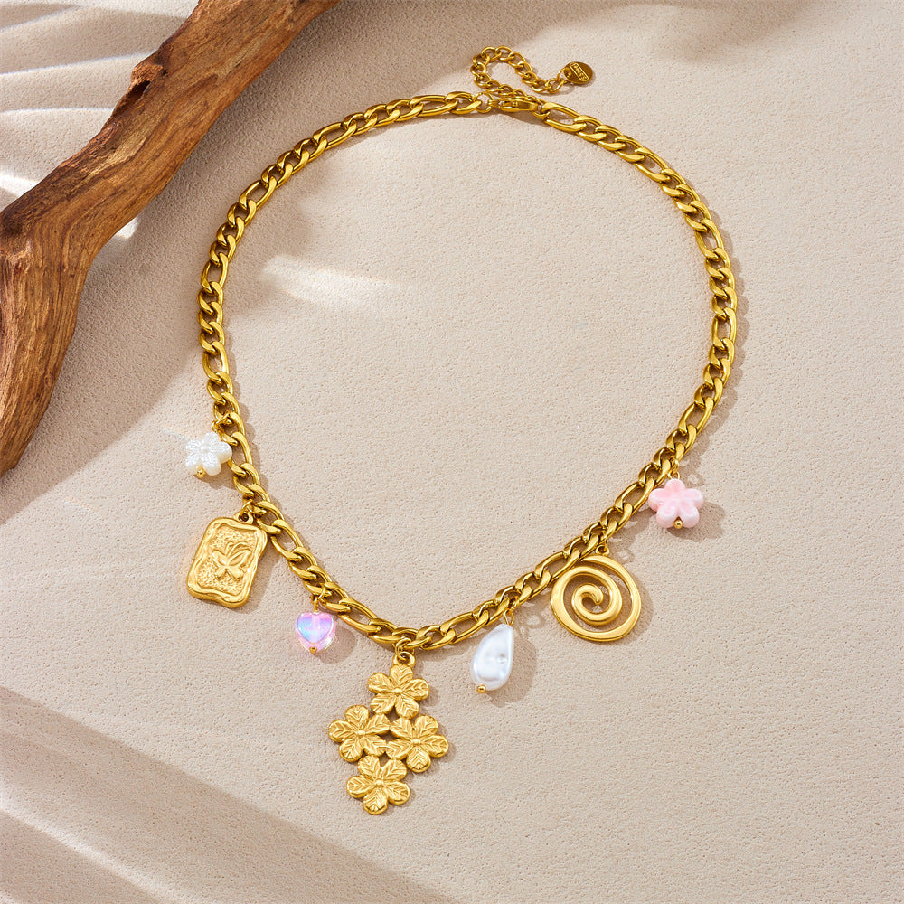 Fashionable Gold-Plated Stainless Steel Floral Butterfly Diamond Square Pendant Necklace with Cuban Chain for Women