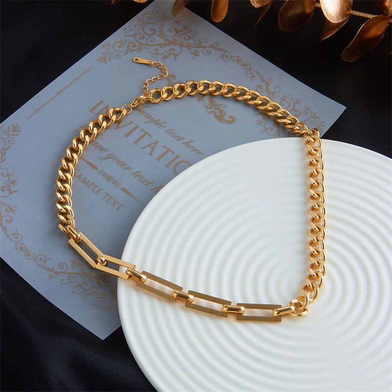 Punk Asymmetrical Titanium Steel Necklace with Heavy-Duty Chain Design for Women