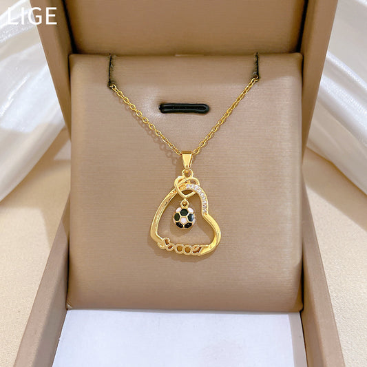 Sweet Luxury Heart Geometric Rhinestone Pendant Titanium Steel Necklace for Unisex