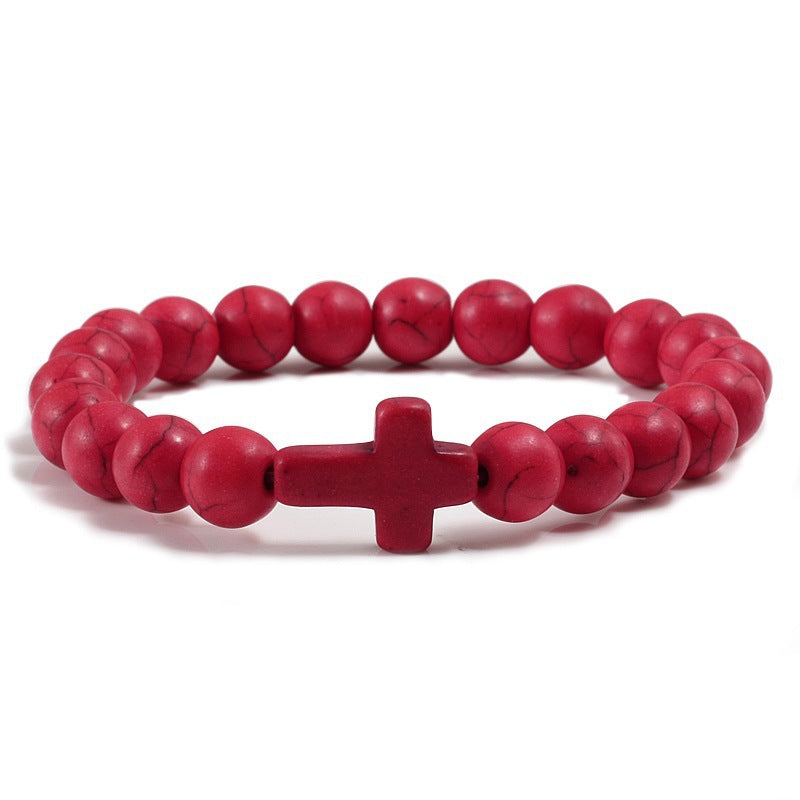 Natural Turquoise Cross Beaded Bracelet 8mm Round Stone Unisex Handmade Jewelry