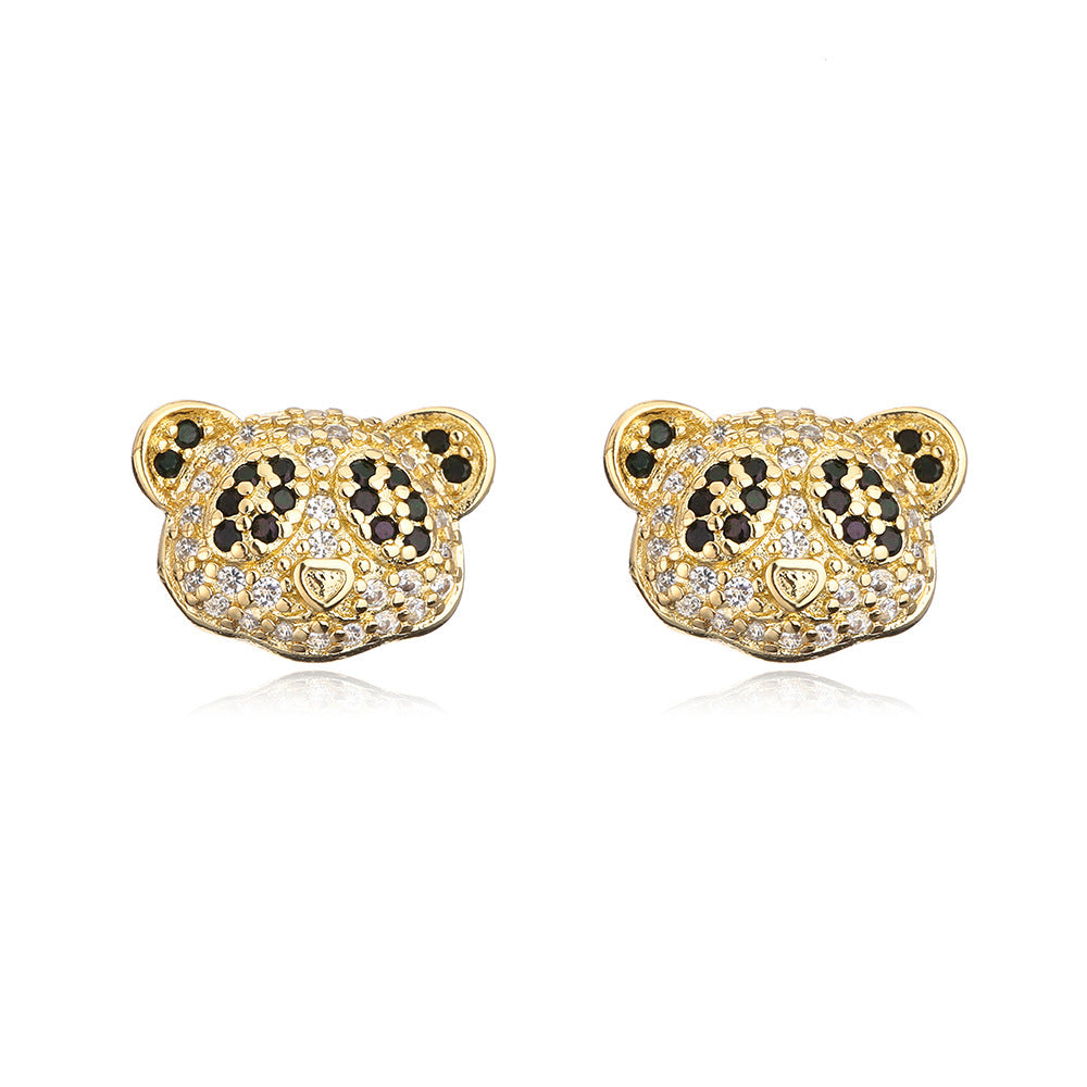 Orecchini in rame a forma di panda stile INS, placcati in oro 18 carati e intarsiati con zirconi, per donna