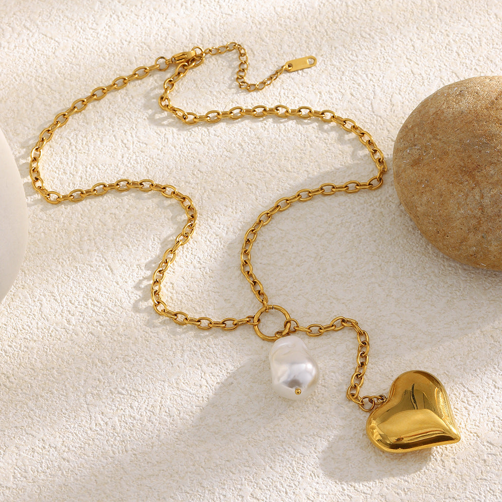Minimalist Luxe Stainless Steel Pendant Necklace with 18K Gold Plated Heart Charm and Tassel Detail for Women