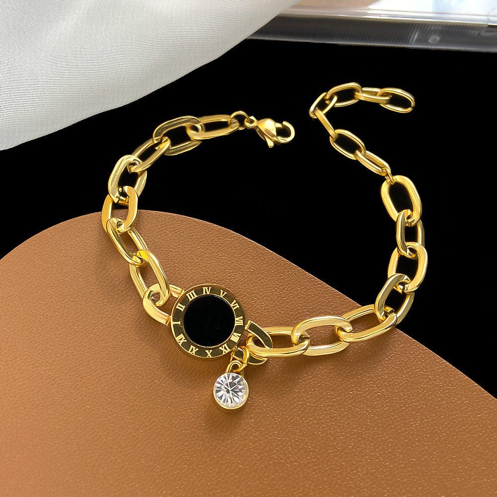 Minimalist Roman Numeral Titanium Steel Bracelet for Women with Rhinestone Inlay and Plated Finish