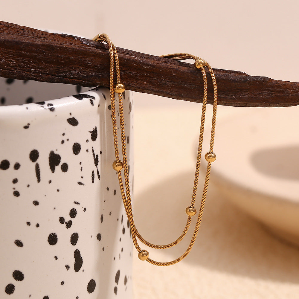 Minimalist Geometric Stainless Steel Plated 18K Gold Double Bead Snake Chain Anklet for Women