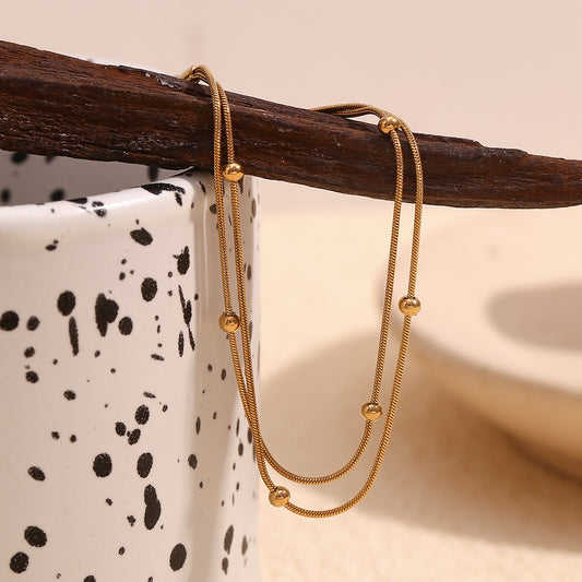 Minimalist Geometric Stainless Steel Plated 18K Gold Double Bead Snake Chain Anklet for Women
