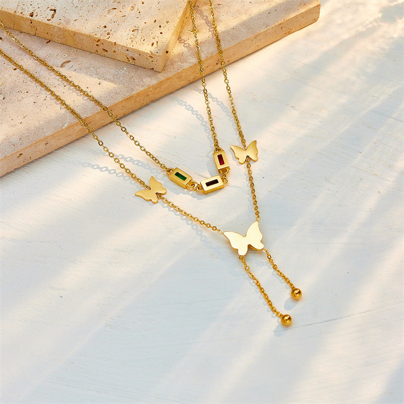 Fashionable Two-Tier Butterfly Pendant Necklace with Satin-Matte and Polished Finish in Titanium Steel with Fringe Detail for Women