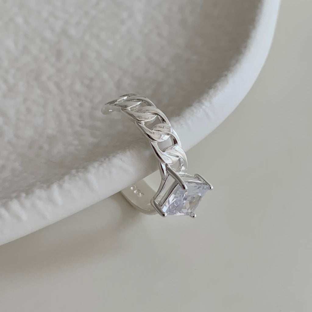 Anello a catena in argento sterling 925 con zirconi cubici intarsiati, minimalista e grazioso, da donna