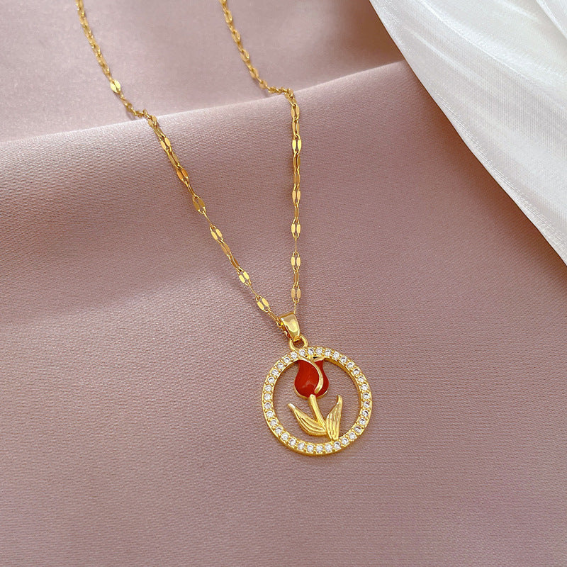 Collana con ciondolo a rosa geometrico floreale, dolce e di lusso, in acciaio al titanio per unisex
