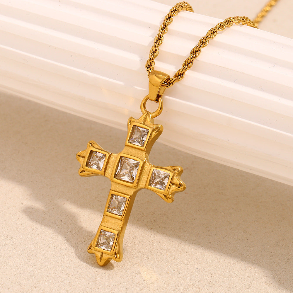 Fashionable Minimalist Cross Pendant Necklace for Women Stainless Steel with 18K Gold Plating and Zircon Inlay