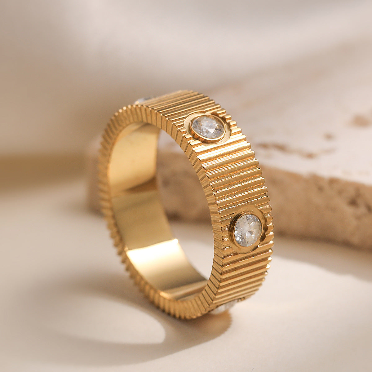 Minimalist Gold Plated Stainless Steel Geometric Striped Ring with Cubic Zirconia for Women